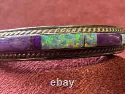 Vintage Native American Sterling Silver Sugilite & Opal Inlay Bracelet c. 1970s