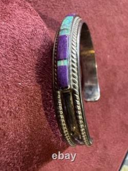 Vintage Native American Sterling Silver Sugilite & Opal Inlay Bracelet c. 1970s