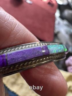 Vintage Native American Sterling Silver Sugilite & Opal Inlay Bracelet c. 1970s