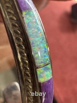 Vintage Native American Sterling Silver Sugilite & Opal Inlay Bracelet c. 1970s