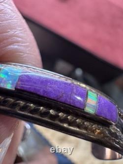 Vintage Native American Sterling Silver Sugilite & Opal Inlay Bracelet c. 1970s