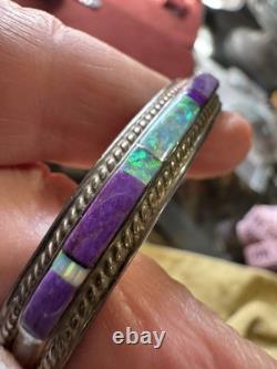 Vintage Native American Sterling Silver Sugilite & Opal Inlay Bracelet c. 1970s