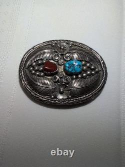 Vintage Native American Sterling Silver Turquoise Coral Belt Buckle Signed 63g