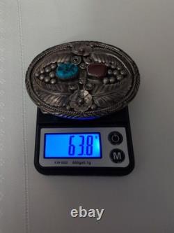 Vintage Native American Sterling Silver Turquoise Coral Belt Buckle Signed 63g
