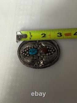 Vintage Native American Sterling Silver Turquoise Coral Belt Buckle Signed 63g