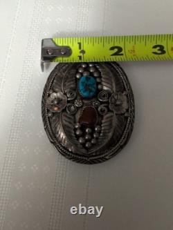 Vintage Native American Sterling Silver Turquoise Coral Belt Buckle Signed 63g