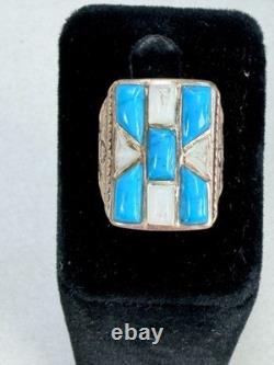 Vintage Native American Sterling Silver Turquoise MOP Inlay Statement Ring Sz 7