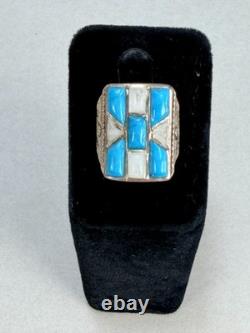 Vintage Native American Sterling Silver Turquoise MOP Inlay Statement Ring Sz 7