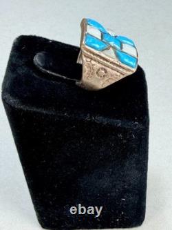 Vintage Native American Sterling Silver Turquoise MOP Inlay Statement Ring Sz 7