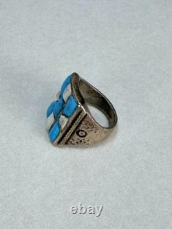 Vintage Native American Sterling Silver Turquoise MOP Inlay Statement Ring Sz 7