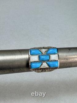 Vintage Native American Sterling Silver Turquoise MOP Inlay Statement Ring Sz 7
