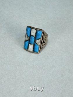 Vintage Native American Sterling Silver Turquoise MOP Inlay Statement Ring Sz 7