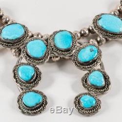 Vintage Native American Sterling Silver & Turquoise Squash Blossom Necklace
