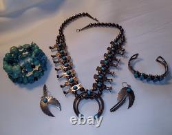 Vintage Native American Sterling Silver, Turquoise Squash Blossom, Signed LG