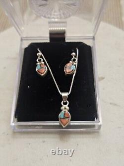 Vintage Native American Sterling Silver pastel earring & pendant set Signed M4