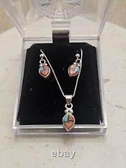 Vintage Native American Sterling Silver pastel earring & pendant set Signed M4
