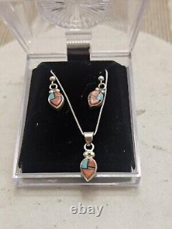 Vintage Native American Sterling Silver pastel earring & pendant set Signed M4