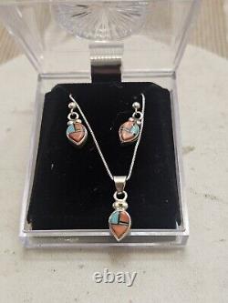 Vintage Native American Sterling Silver pastel earring & pendant set Signed M4