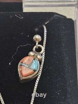 Vintage Native American Sterling Silver pastel earring & pendant set Signed M4