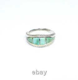 Vintage Native American Style Channel Inlay Sterling Silver Turquoise Ring 7.75