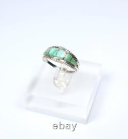 Vintage Native American Style Channel Inlay Sterling Silver Turquoise Ring 7.75