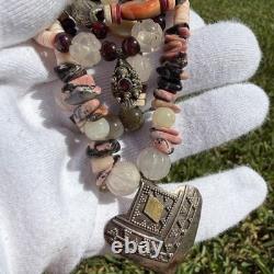 Vintage Native American Style Necklace Sterling Silver 925 Garnet Quartz Heishi