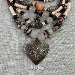 Vintage Native American Style Necklace Sterling Silver 925 Garnet Quartz Heishi