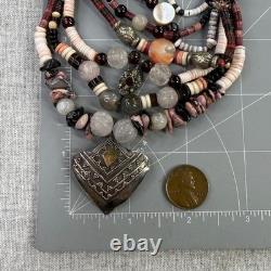 Vintage Native American Style Necklace Sterling Silver 925 Garnet Quartz Heishi