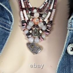 Vintage Native American Style Necklace Sterling Silver 925 Garnet Quartz Heishi