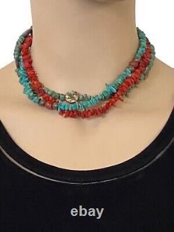 Vintage Native American Style Sterling Silver 925 Turquoise Coral Necklace