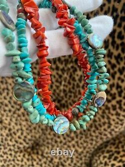 Vintage Native American Style Sterling Silver 925 Turquoise Coral Necklace