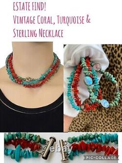 Vintage Native American Style Sterling Silver 925 Turquoise Coral Necklace