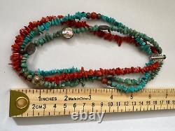 Vintage Native American Style Sterling Silver 925 Turquoise Coral Necklace