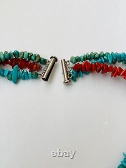 Vintage Native American Style Sterling Silver 925 Turquoise Coral Necklace