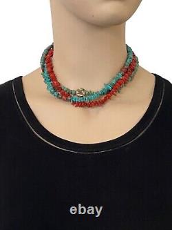 Vintage Native American Style Sterling Silver 925 Turquoise Coral Necklace