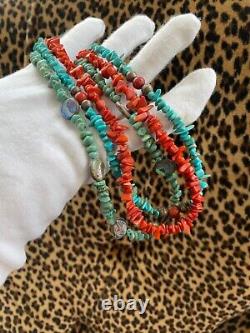 Vintage Native American Style Sterling Silver 925 Turquoise Coral Necklace