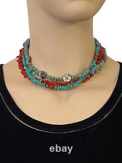 Vintage Native American Style Sterling Silver 925 Turquoise Coral Necklace