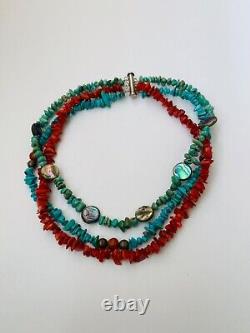 Vintage Native American Style Sterling Silver 925 Turquoise Coral Necklace