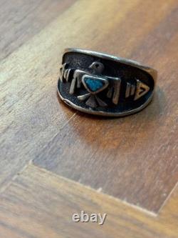 Vintage Native American Thunderbird Silver Turquoise Ring Size 15 Sterling Stamp
