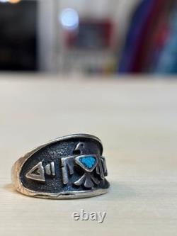 Vintage Native American Thunderbird Silver Turquoise Ring Size 15 Sterling Stamp
