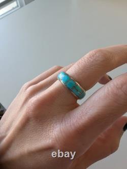Vintage Native American Turquoise Channel Inlay Ring Sz 7 Sterling Silver Zuni