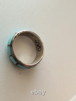 Vintage Native American Turquoise Channel Inlay Ring Sz 7 Sterling Silver Zuni