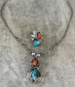 Vintage Native American Turquoise & Coral Sterling Silver Necklace and Ring 8.5