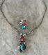 Vintage Native American Turquoise & Coral Sterling Silver Necklace and Ring 8.5