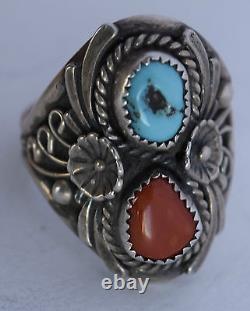 Vintage Native American, Turquoise & Coral Sterling silver ring by Silver Cloud