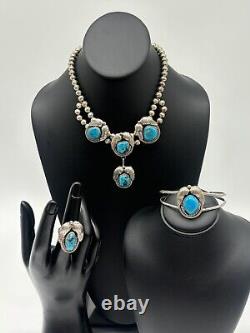 Vintage Native American Turquoise Feather Necklace Set Artisan Signed Yazzie