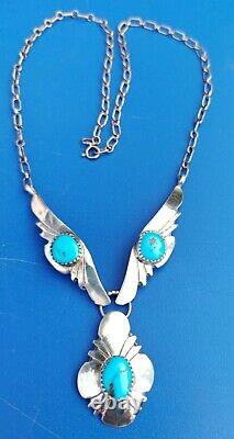 Vintage Native American Turquoise Navajo Silver Feathers Necklace