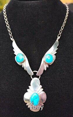 Vintage Native American Turquoise Navajo Silver Feathers Necklace