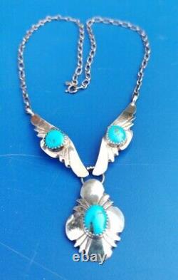 Vintage Native American Turquoise Navajo Silver Feathers Necklace