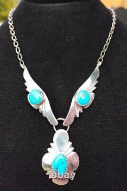 Vintage Native American Turquoise Navajo Silver Feathers Necklace